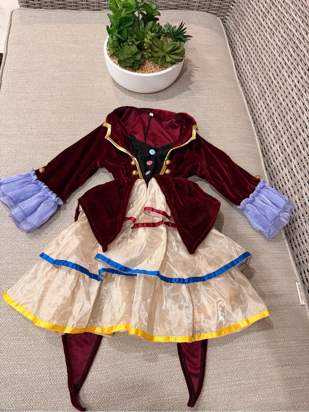 Kids Burgundy Velvet Carnival Costume Dress with Gold Trim